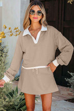 Parchment Raw Edge Detail Colorblock Patchwork Cropped Pullover Drawstring Skirt Set