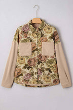 Khaki Floral Waffle Knit Patchwork Chest Pockets Buttoned Jacket