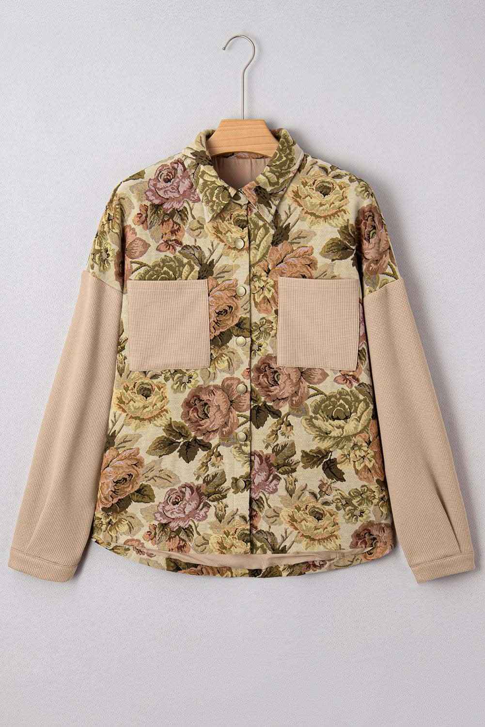 Khaki Floral Waffle Knit Patchwork Chest Pockets Buttoned Jacket