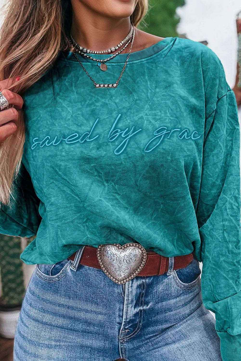 Sea Green saved by grace Letter Embroidery Mineral Wash Loose Sweatshirt