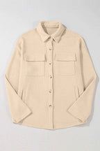 Dark Khaki Solid Color Corduroy Buttoned Long Sleeve Shacket