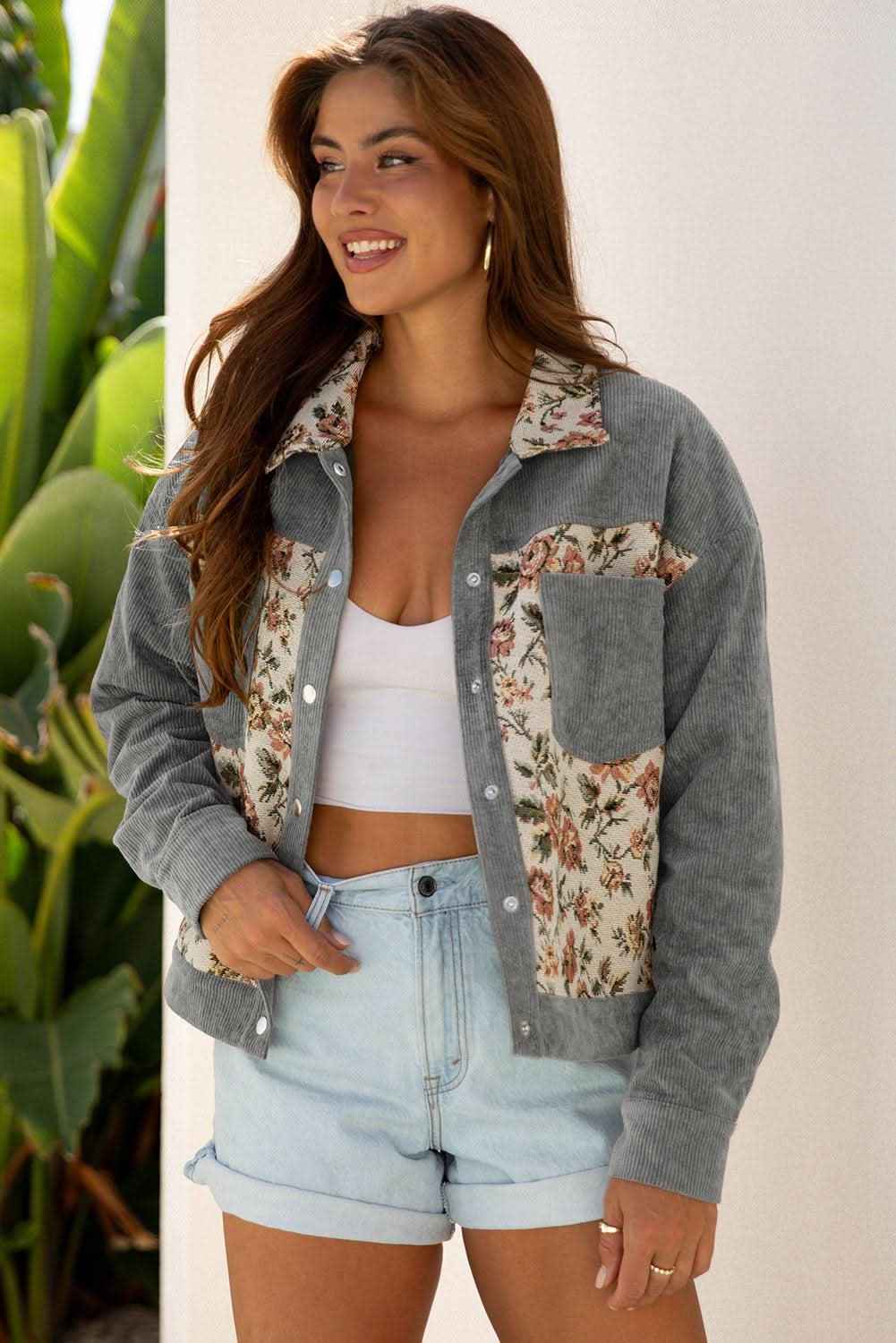 Clay Ribbed Retro Floral Patchwork Shirt Style Jacket