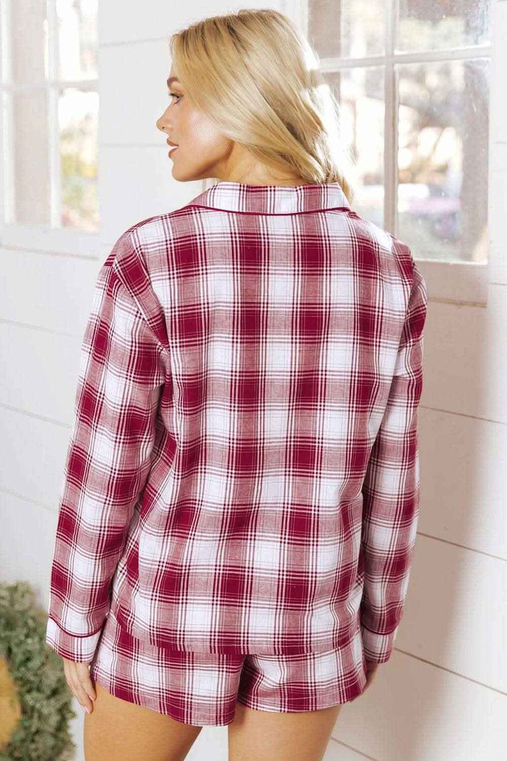 Red Retro Plaid Long Sleeve Shirt Drawstring Shorts 2pcs Lounge Set