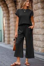 Parchment Solid Color Textured Short Sleeve Top and Casual Pants Set