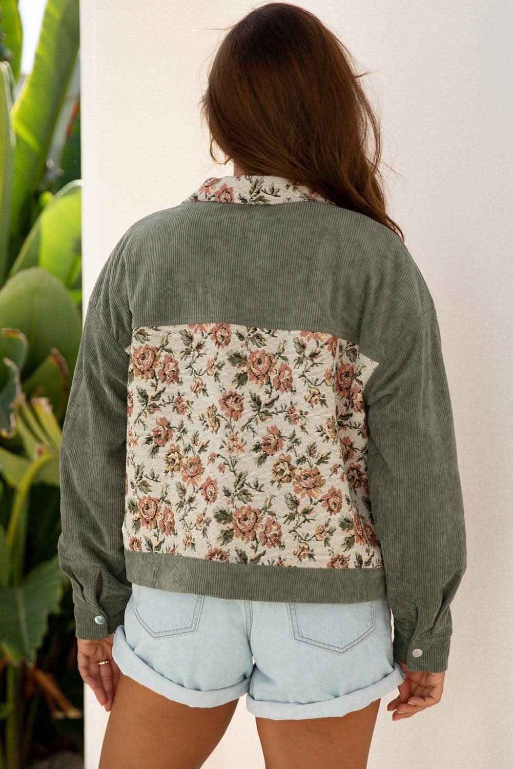 Clay Ribbed Retro Floral Patchwork Shirt Style Jacket