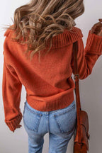 Chestnut Collared V Neck Ribbed Edge Sexy Elegant Sweater