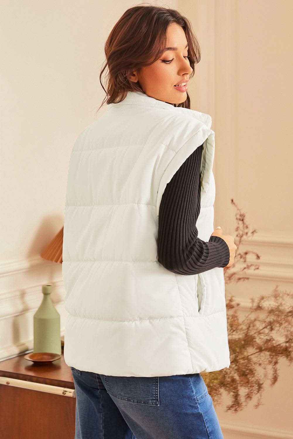 Black Solid Zipper Stand Neck Oversized Puffer Vest