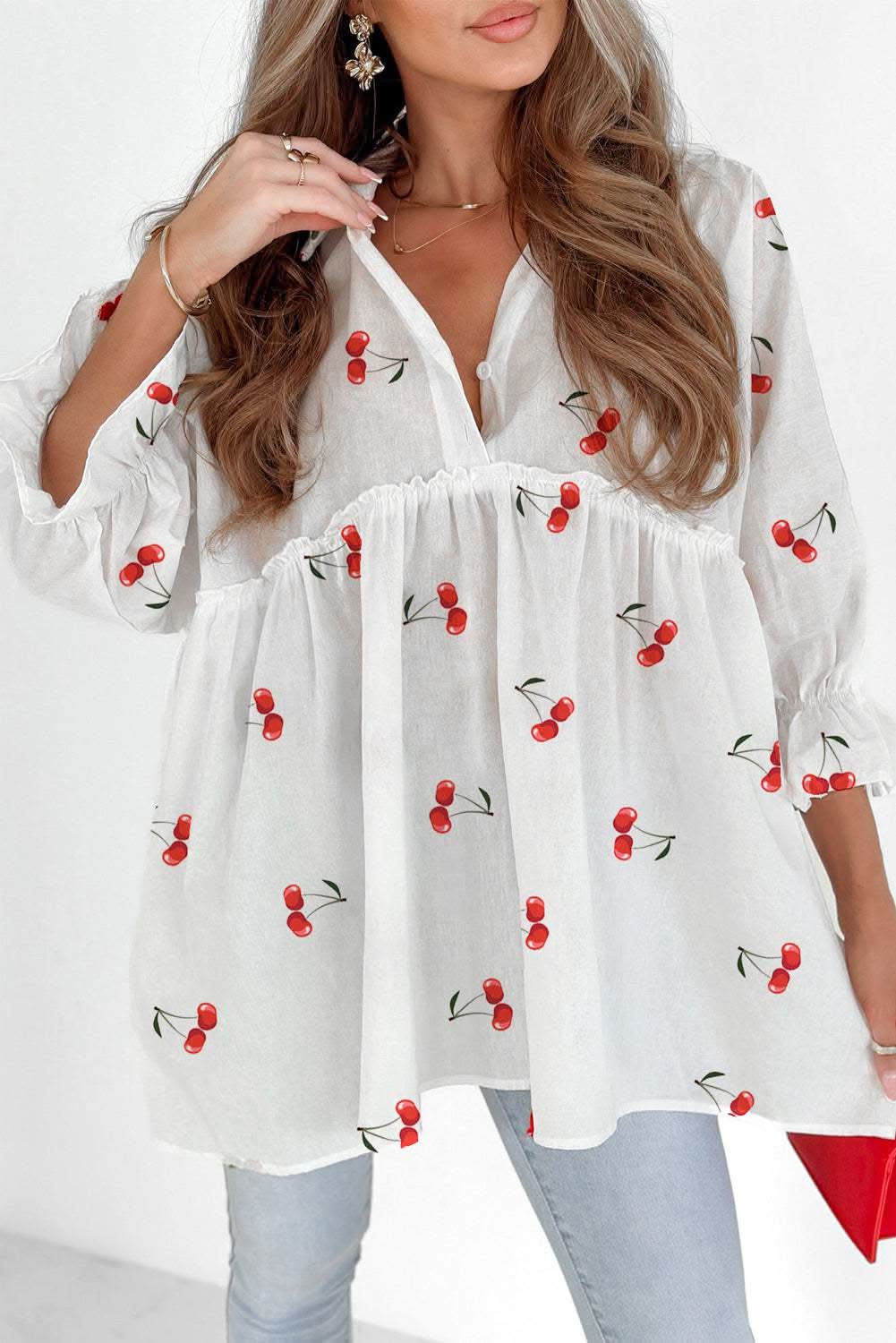 White cherry print flounce sleeve collared frilled babydoll blouse
