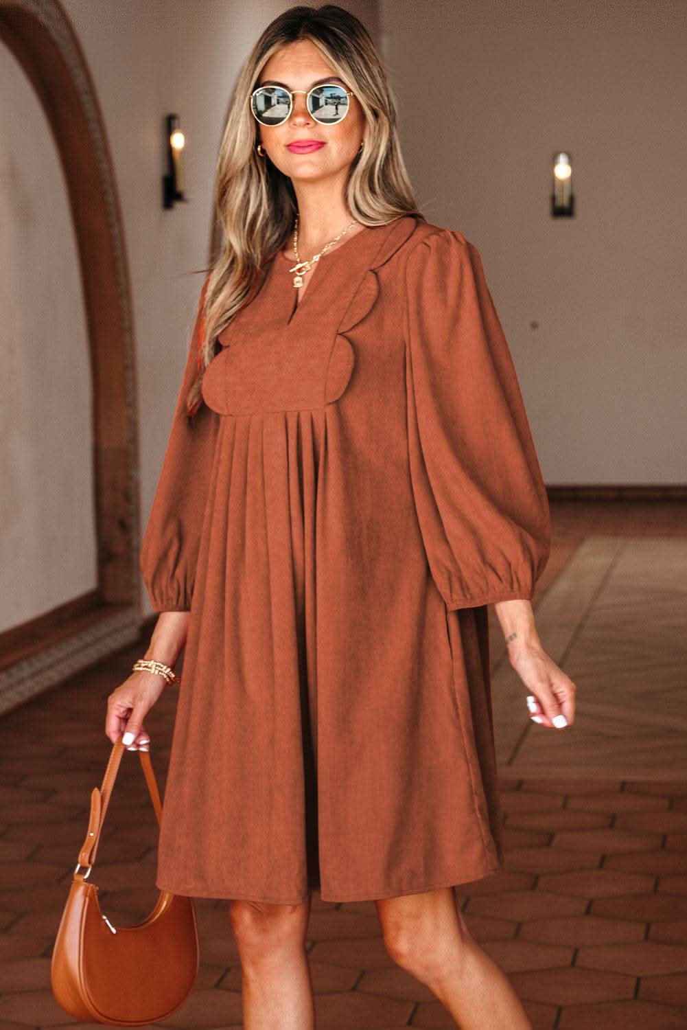 Cinnamon Bracelet Sleeve Split Neck Scallop Detail Pleated Corduroy Mini Dress