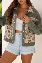 Clay Ribbed Retro Floral Patchwork Shirt Style Jacket