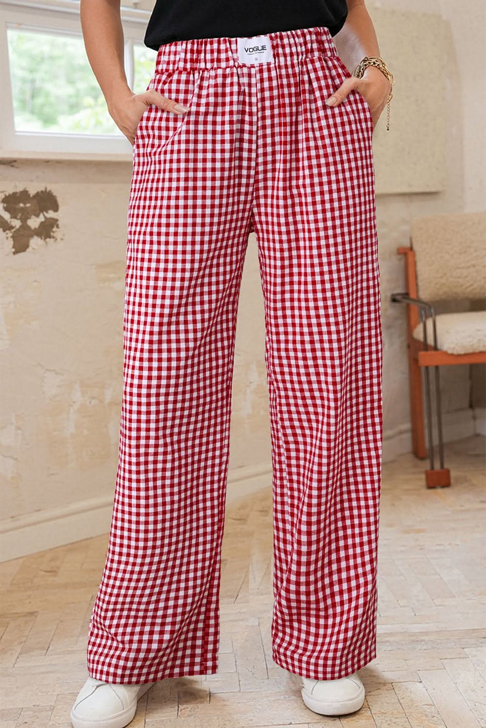 Fiery red plaid casual loose-fit trousers with elastic waistband and pockets