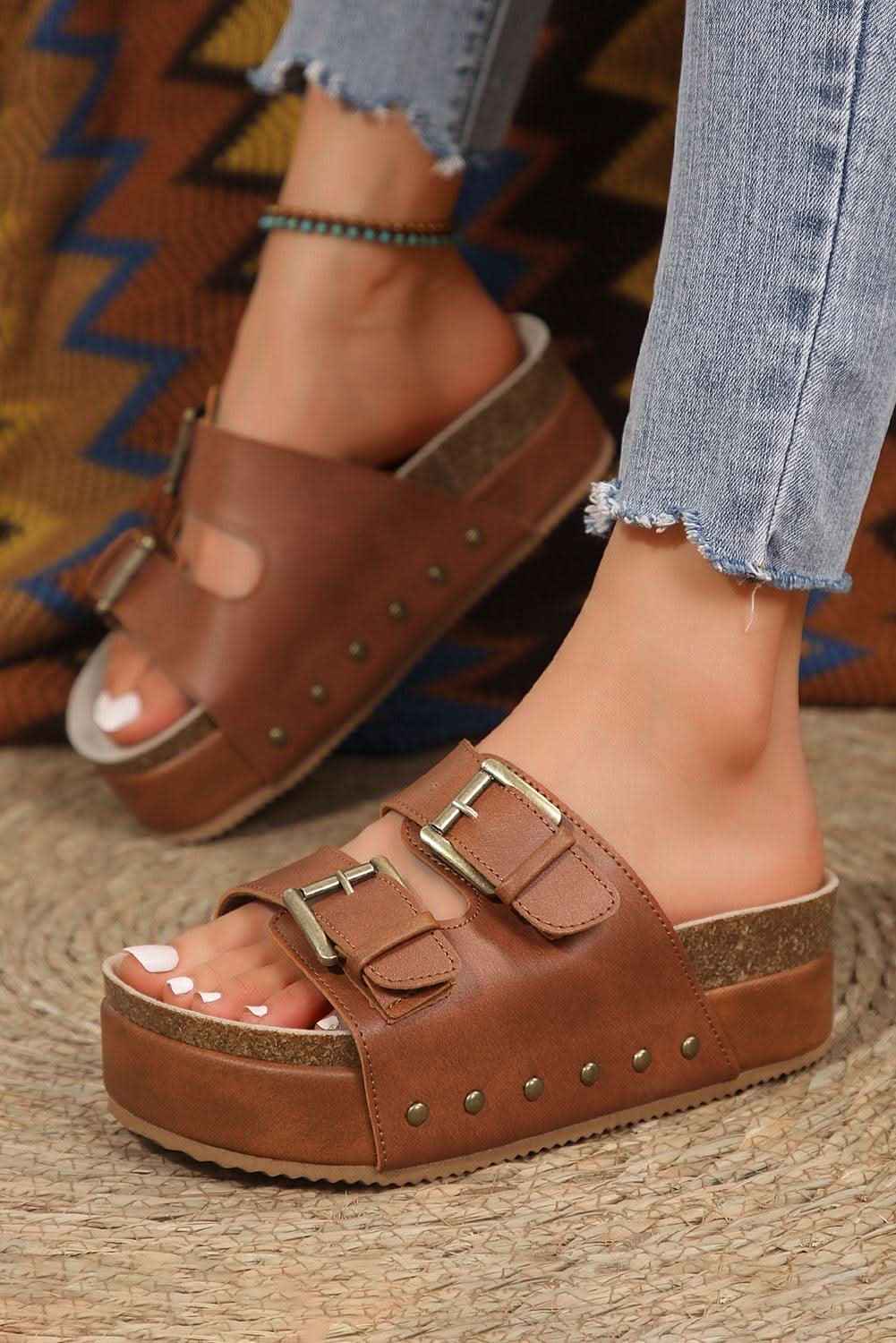 Black Dual Buckle Studded Platform Sandal Slippers