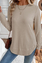 Jet Stream ribbed texture beige knit top with round neck long sleeves and rounded hem
