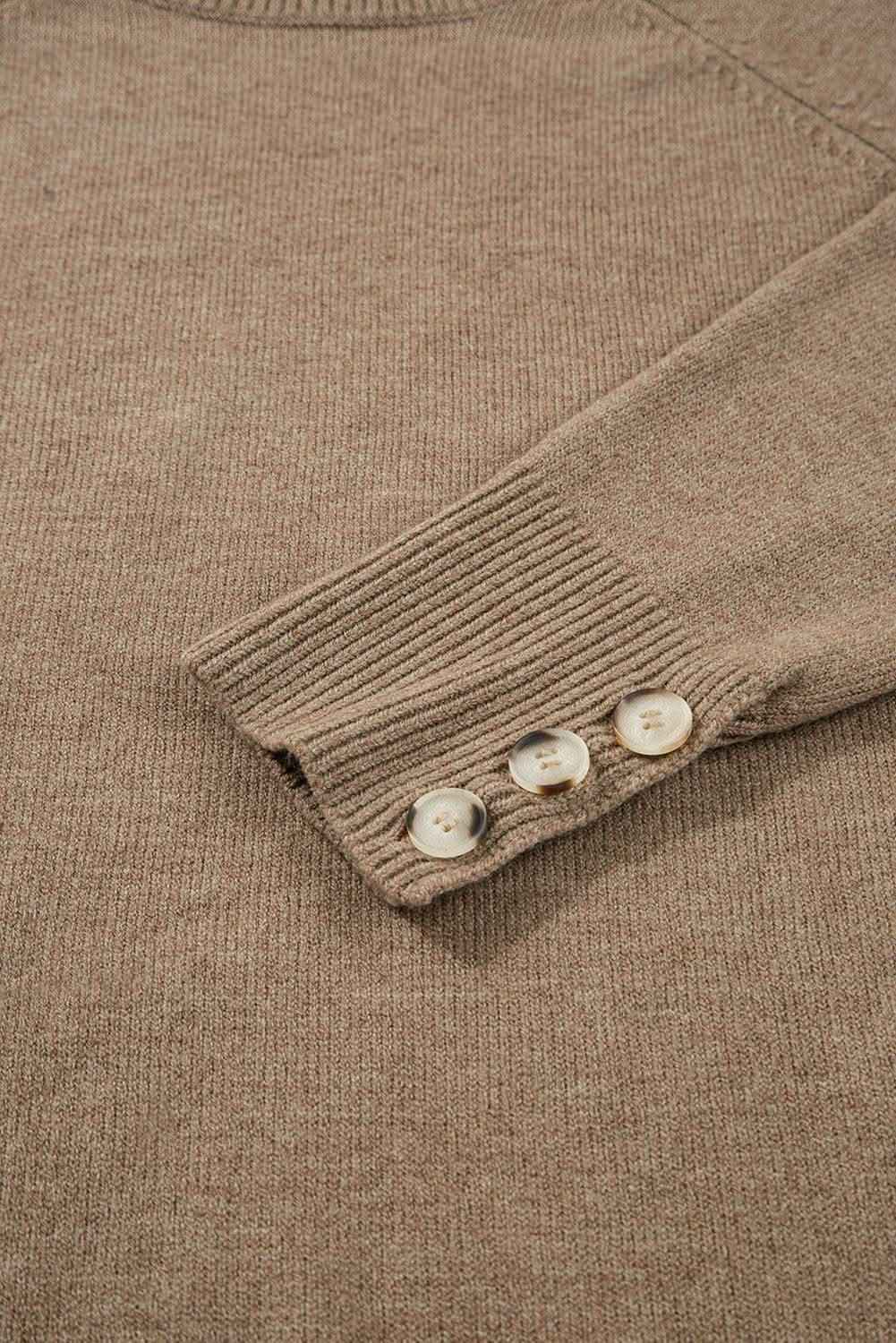 Camel Buttoned Bishop Sleeve Crew Neck Sweater