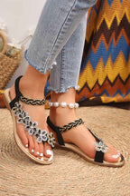 Black Rhinestone Flower Braided Straps Thong Sandals