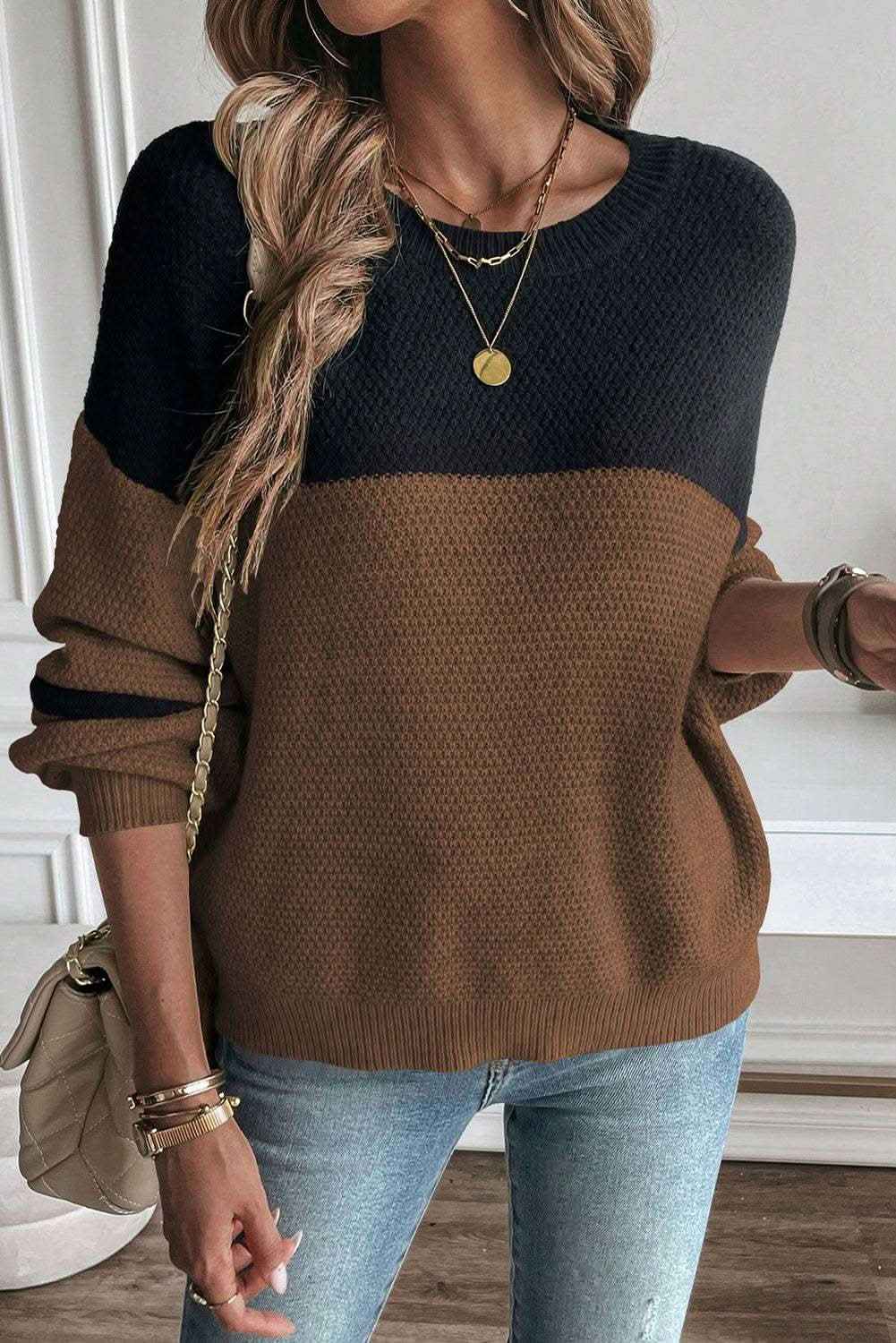 Dark Brown Color Block Knit Striped Sleeve Detail Casual Sweater