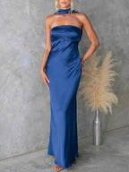 blue satin tube maxi dress with zipper and no stretch polyester fabric