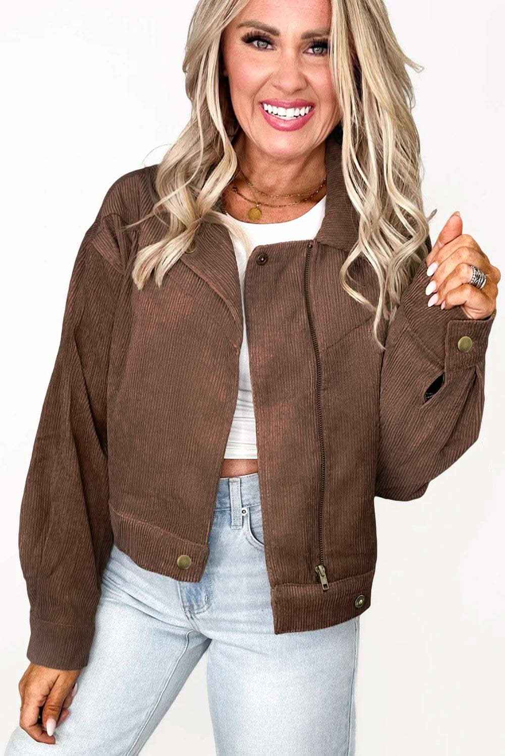 Dark Khaki Button Zip Up Lapel Collar Corduroy Jacket