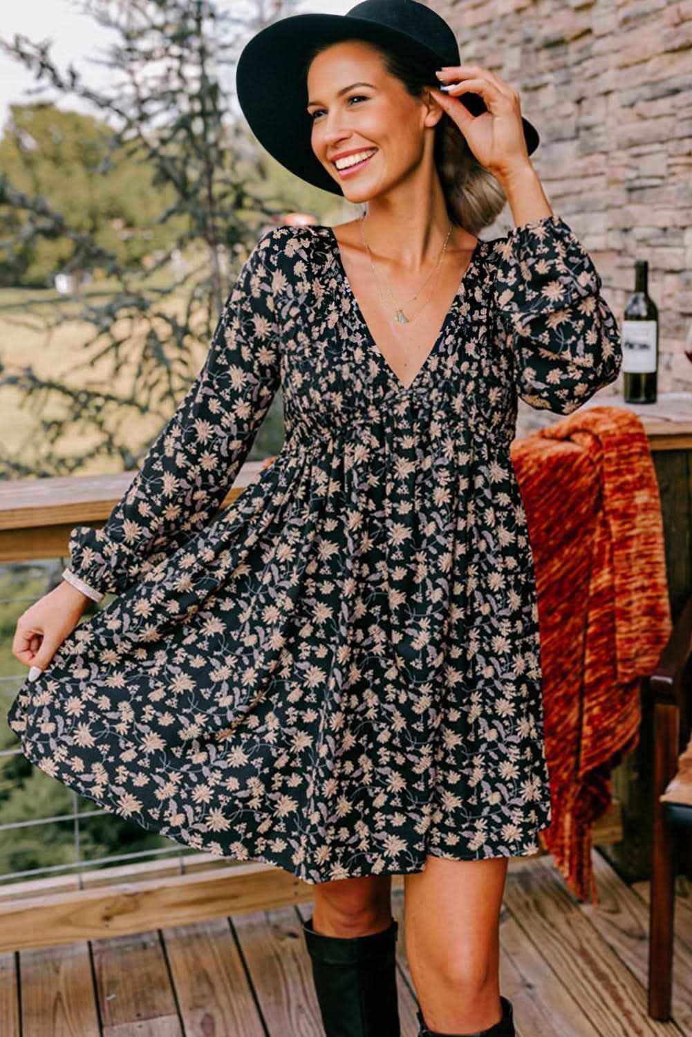 Black Floral Deep V Neck Smocked Bust Bubble Sleeve Babydoll Dress