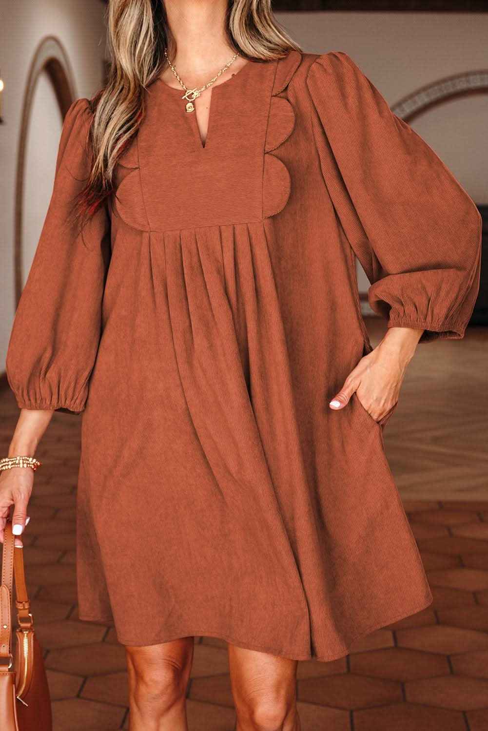 Cinnamon Bracelet Sleeve Split Neck Scallop Detail Pleated Corduroy Mini Dress