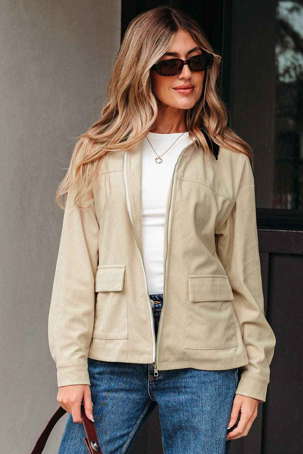 Parchment Contrast Leather Collar Textured Zip Up Jacket