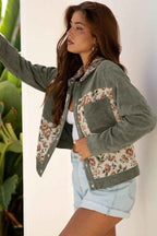Clay Ribbed Retro Floral Patchwork Shirt Style Jacket