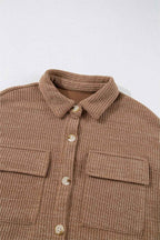 Dark Khaki Solid Color Corduroy Buttoned Long Sleeve Shacket