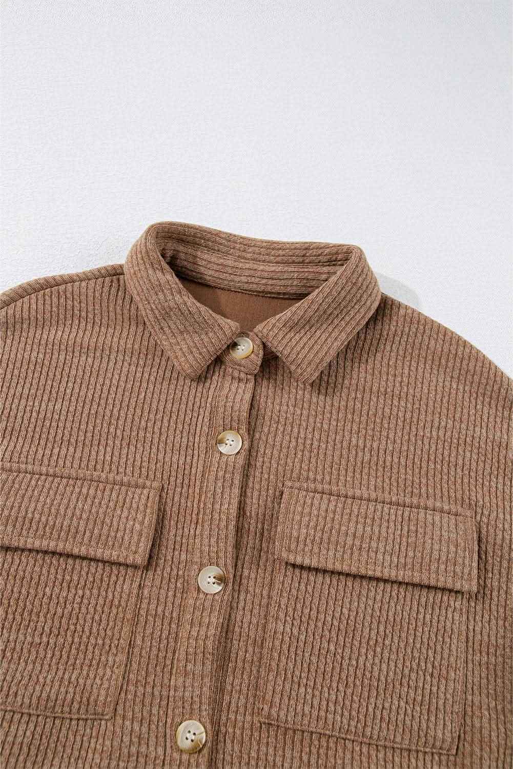 Dark Khaki Solid Color Corduroy Buttoned Long Sleeve Shacket
