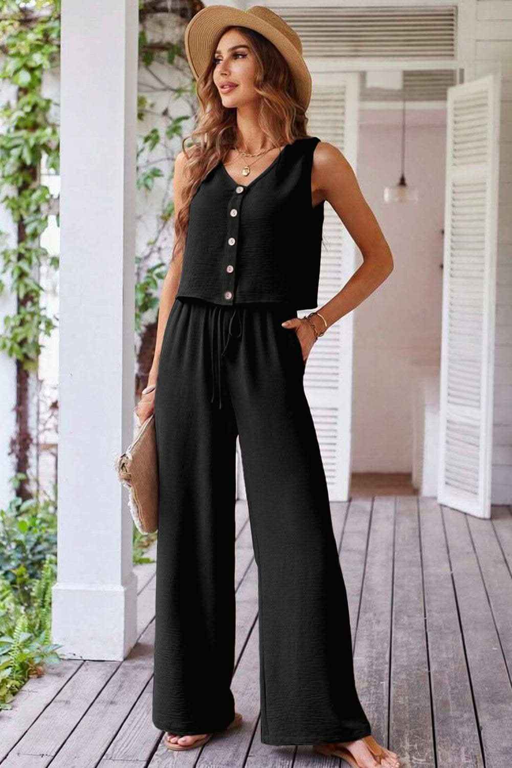 Black Buttoned Vest Drawstring Wide Leg Pants 2pcs Set
