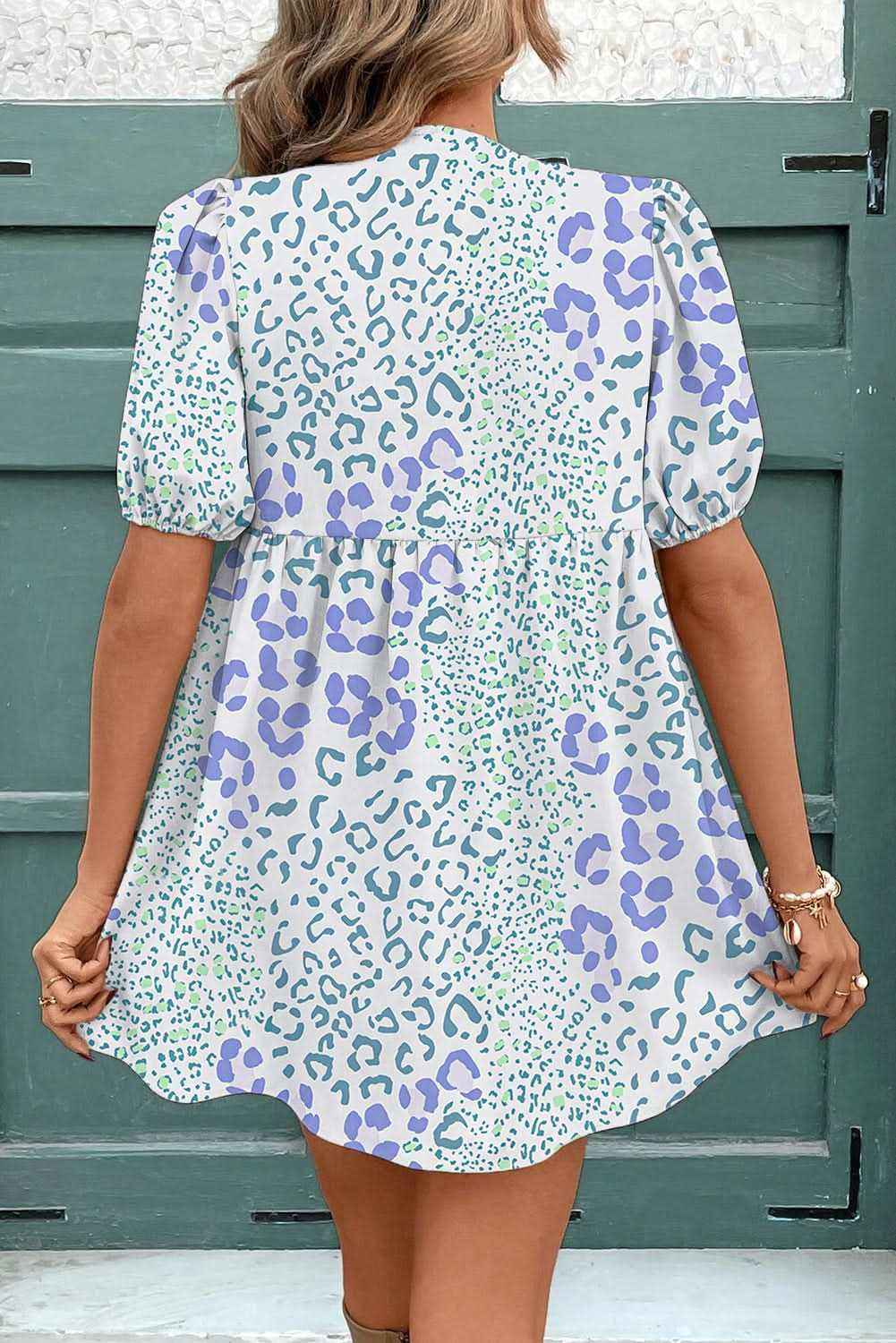 Sky Blue Floral Contrast Bow Puff Sleeve Mini Dress