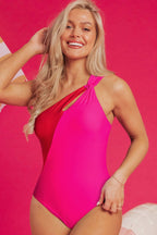 Rose red knotted one shoulder two tones backless one-piece swimsuit on smiling woman