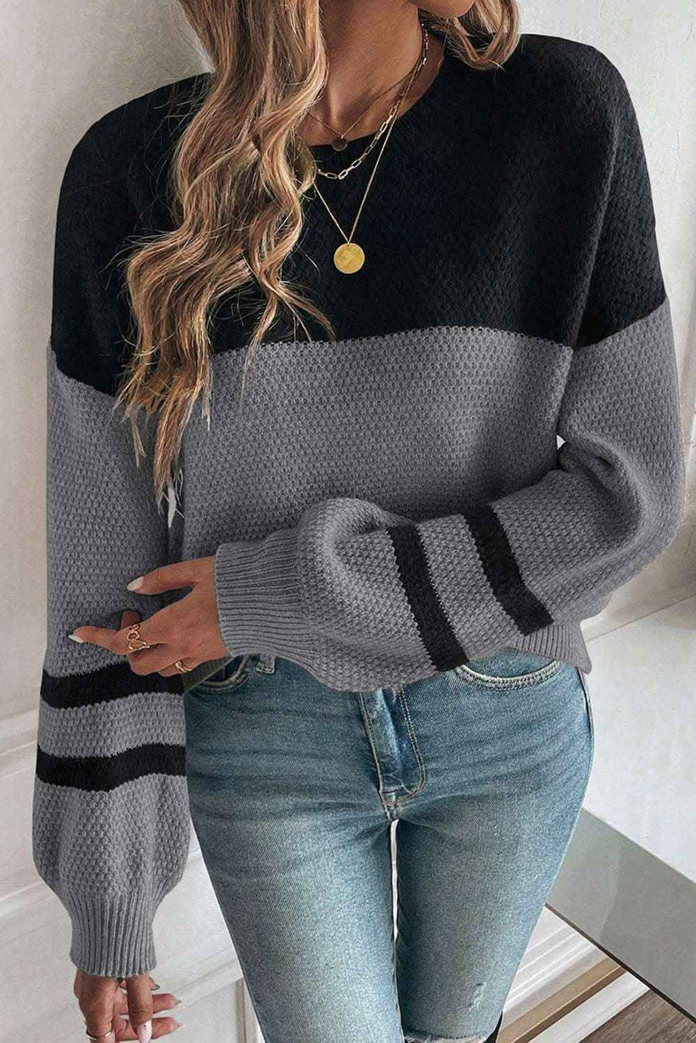 Dark Brown Color Block Knit Striped Sleeve Detail Casual Sweater