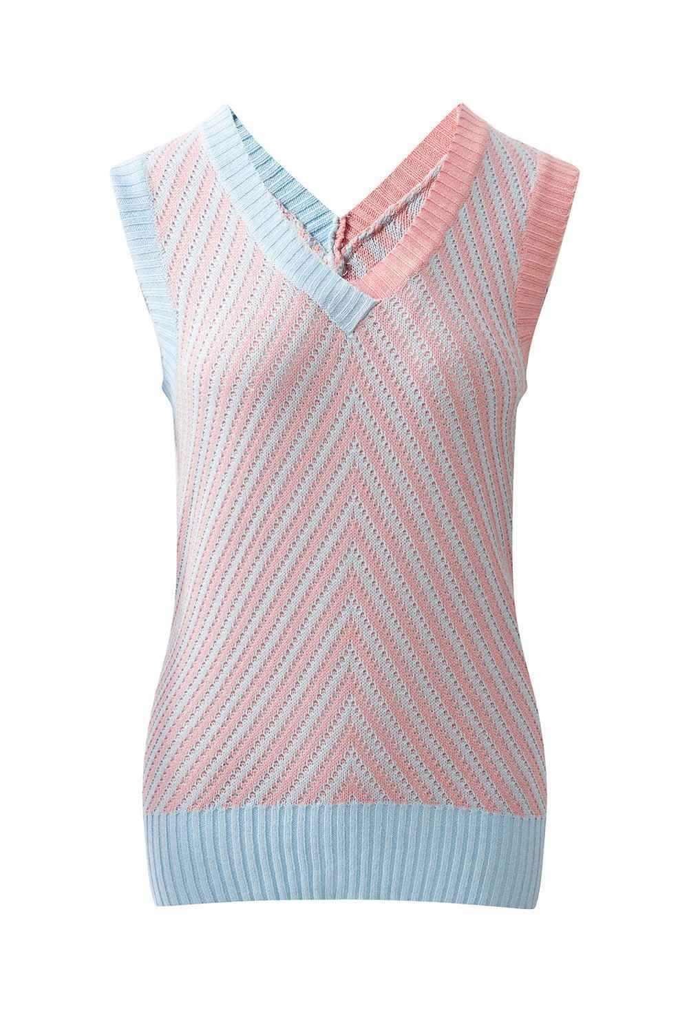 Sky Blue Contrast Chevron Knit V Neck Sweater Vest
