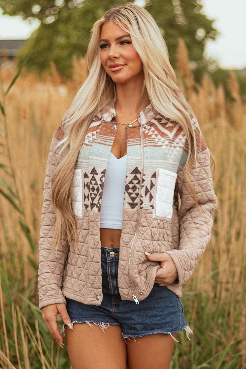 Light French Beige Aztec Quilted Patchwork Western Fashion Jacket