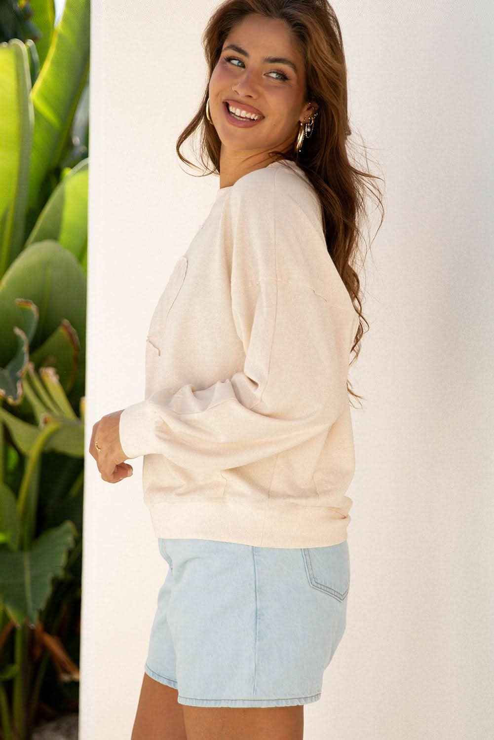 Coffee Raw Edge Flower Patch Drop Shoulder Casual Top