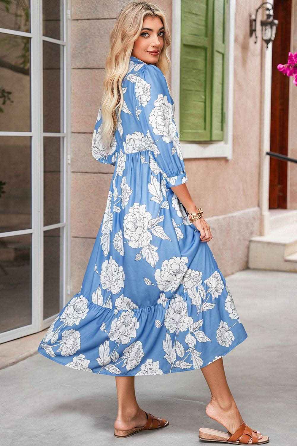 Sky Blue Floral Print Shirt Collar Button Down 3/4 Sleeve Ruffle Hem Long Dress