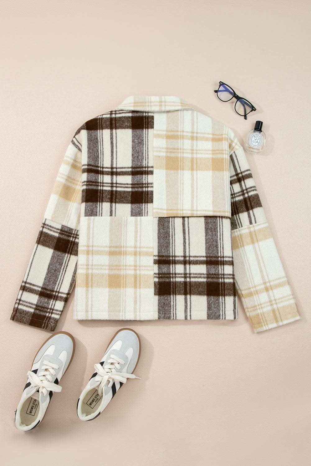 Multicolour Plaid Patchwork Side Pockets Buttoned Shacket