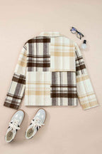 Multicolour Plaid Patchwork Side Pockets Buttoned Shacket