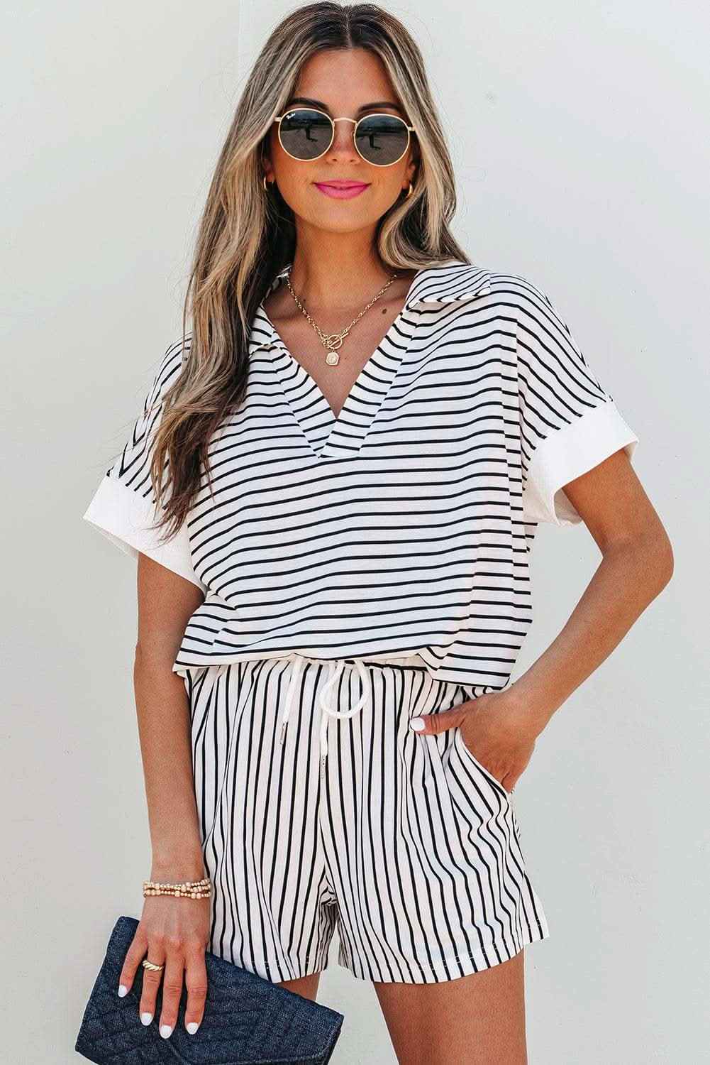 Black Stripe V Neck Tee and Casual Short Set