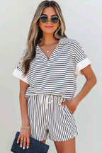 Black Stripe V Neck Tee and Casual Short Set