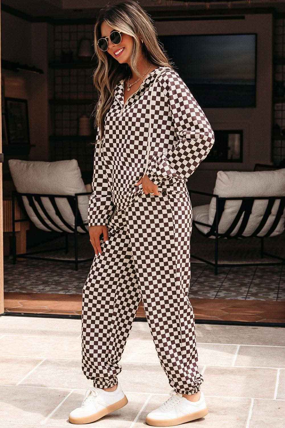Black Athleisure Checkered 2pcs Pants Set