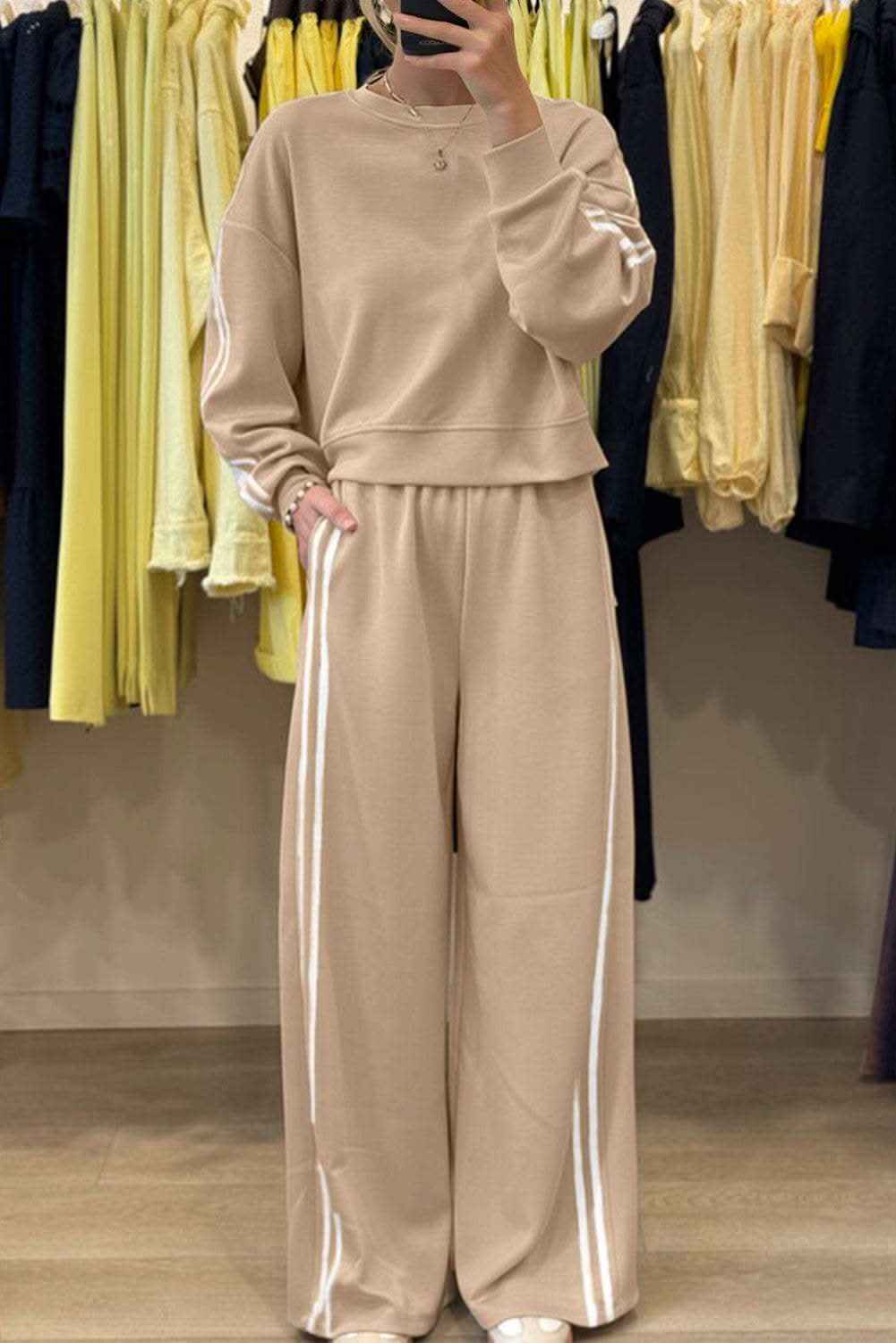 Dirty blue Varsity Striped Detail Crewneck Pullover Elastic Sweatpants 2pcs Outfit