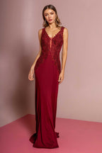 gl2614-burgundy-1-long-prom-pageant-mother-of-bride-gala-red-carpet-rome-jersey-embroidery-jewel-zipper-v-back-sleeveless-illusion-v-neck-mermaid-trumpet - Rose & Ruffles