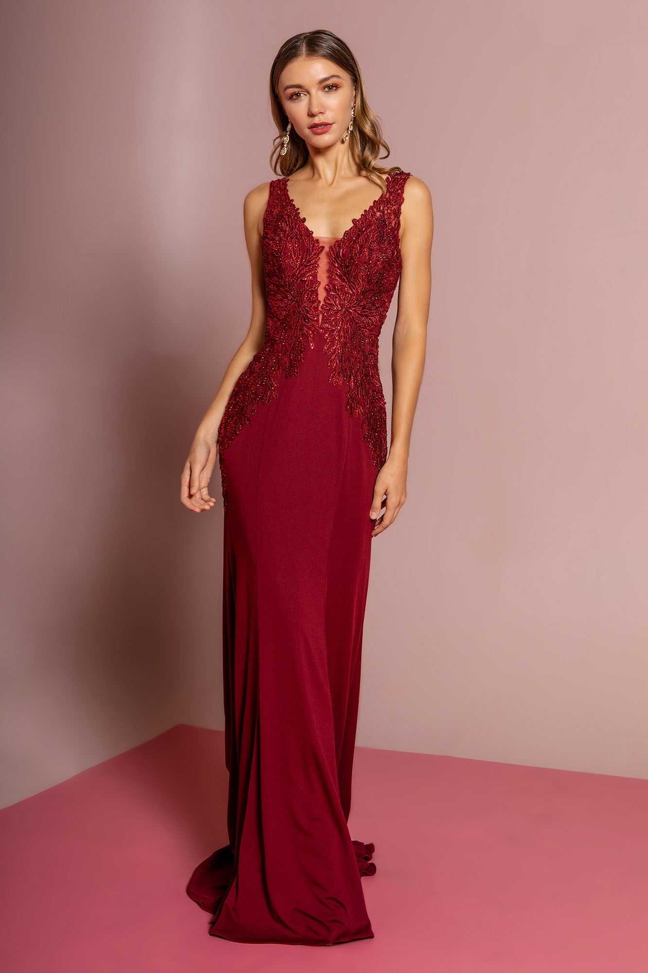 gl2614-burgundy-1-long-prom-pageant-mother-of-bride-gala-red-carpet-rome-jersey-embroidery-jewel-zipper-v-back-sleeveless-illusion-v-neck-mermaid-trumpet - Rose & Ruffles